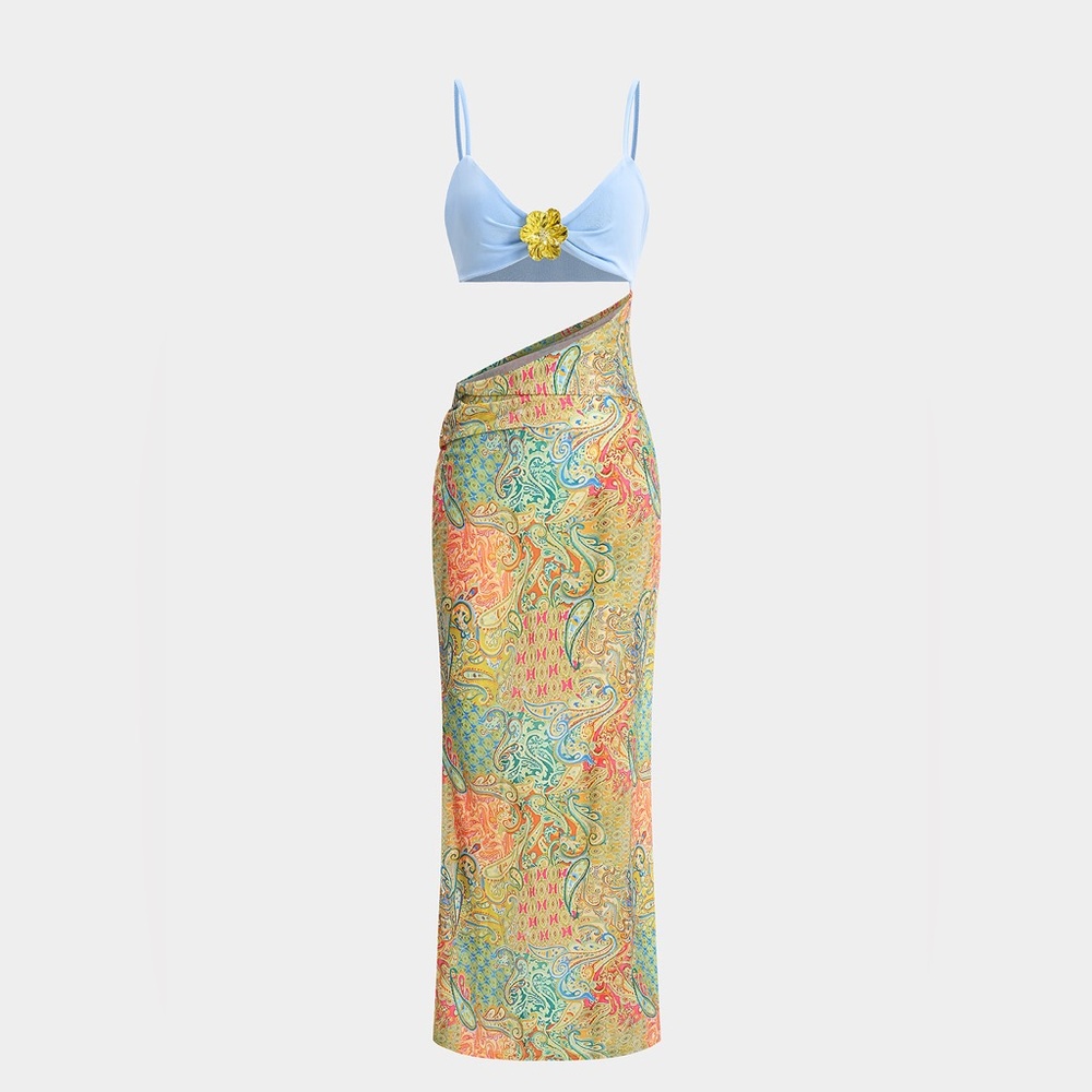 Light Blue Bralette & Multicolor Paisley Maxi Dress Set